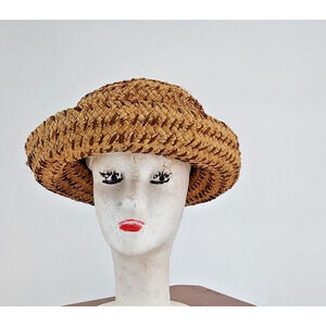 Betmar Woman's Vintage 2 tone Straw Bucket Hat Roll Brim One Size Straw Bow Boho